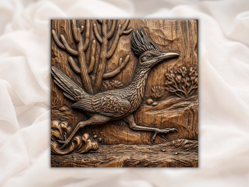 Carved wood bas-relief of a running roadrunner with saguaro cactus and desert brush in the background