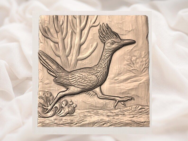 Running Roadrunner Desert Scene Bas-Relief STL with Cactus bas-relief STL — view 2