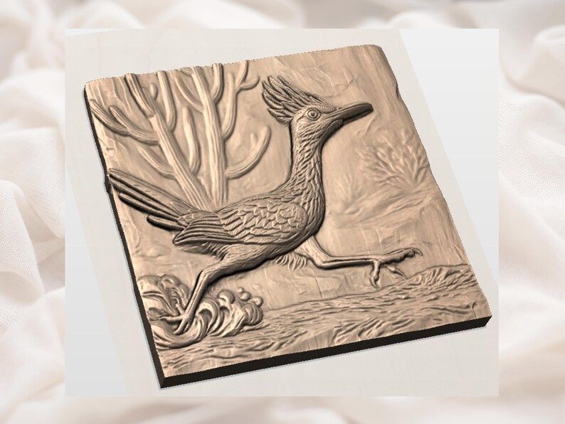 Running Roadrunner Desert Scene Bas-Relief STL with Cactus bas-relief STL — view 3