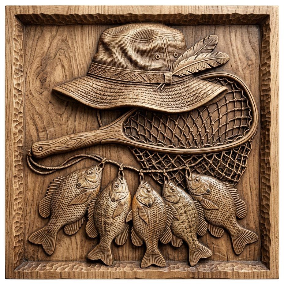 Rustic Angler Fisherman Scene with Sunfish Stringer CNC Relief STL | Fishing Cabin Wall Art Decor | Outdoorsman Wood Carving Panel — carved bas relief STL file for CNC
