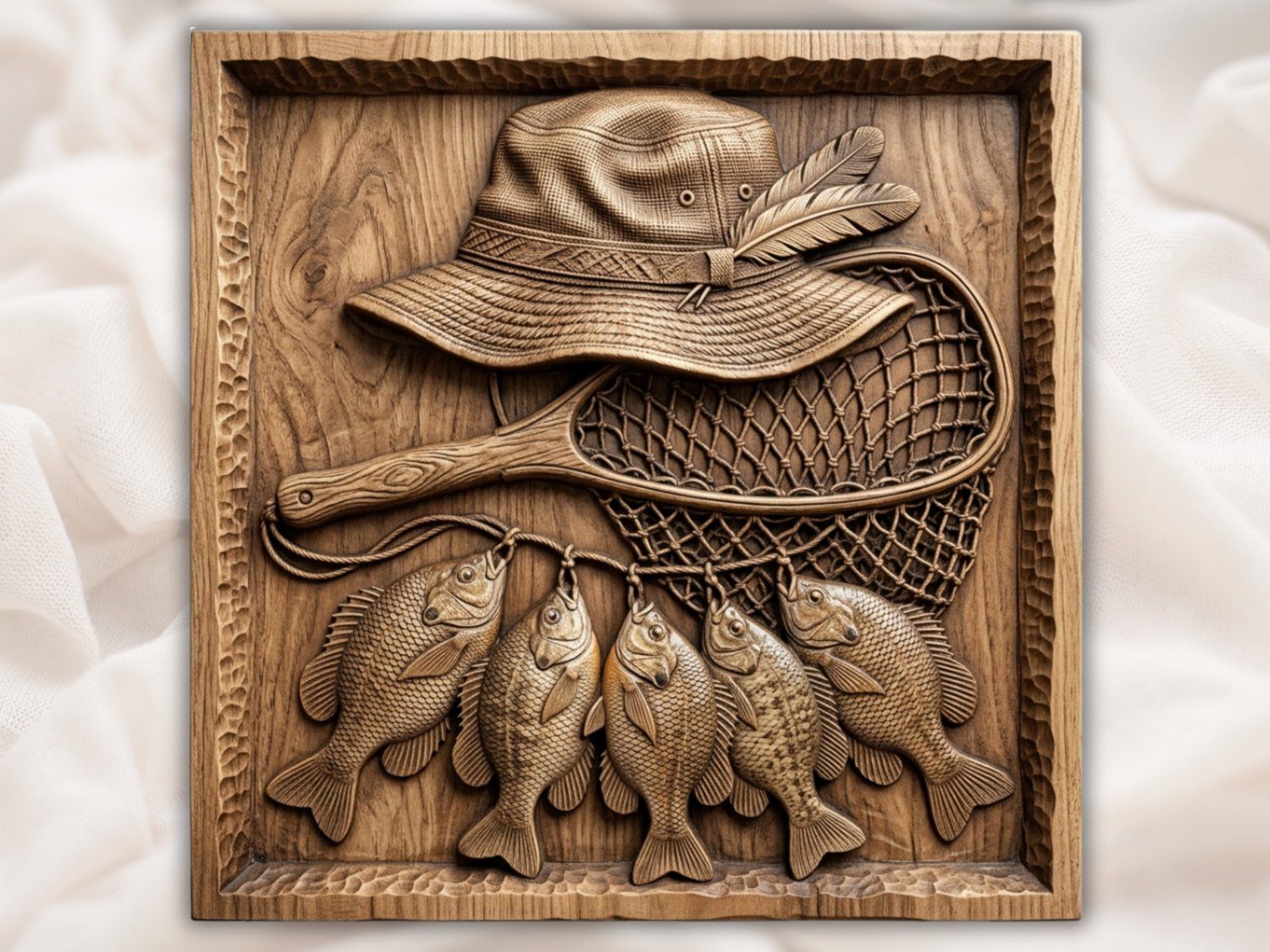 Rustic Angler Fisherman Scene with Sunfish Stringer CNC Relief STL bas-relief STL — view 2