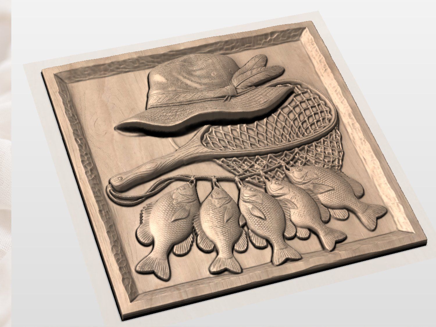 Rustic Angler Fisherman Scene with Sunfish Stringer CNC Relief STL bas-relief STL — view 3