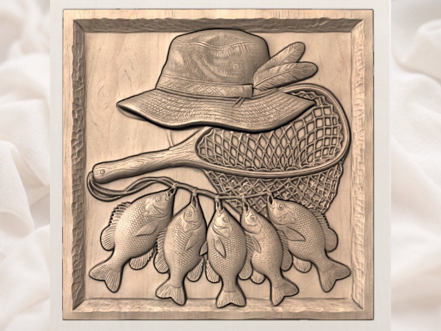 Rustic Angler Fisherman Scene with Sunfish Stringer CNC Relief STL bas-relief STL — view 4