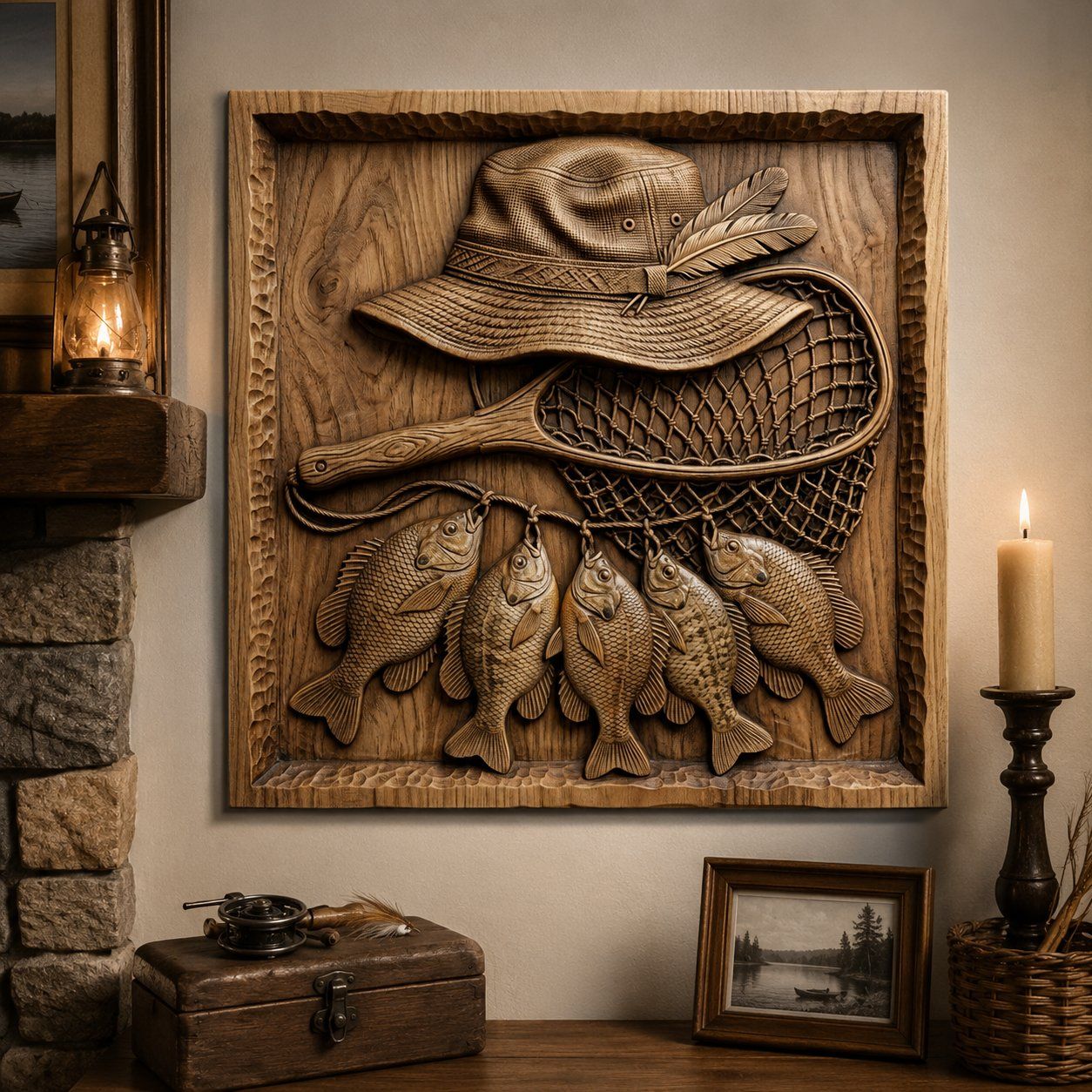 Rustic Angler Fisherman Scene with Sunfish Stringer CNC Relief STL bas-relief STL — view 5