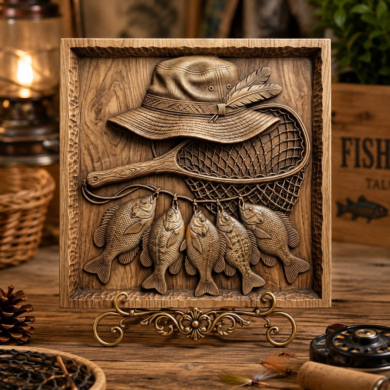Rustic Angler Fisherman Scene with Sunfish Stringer CNC Relief STL bas-relief STL — view 6
