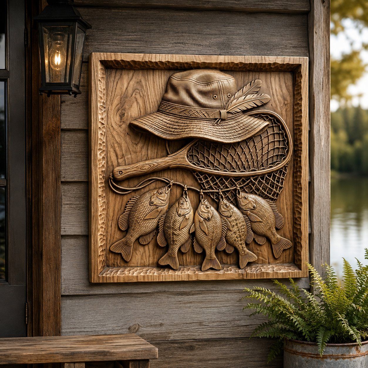 Rustic Angler Fisherman Scene with Sunfish Stringer CNC Relief STL bas-relief STL — view 7