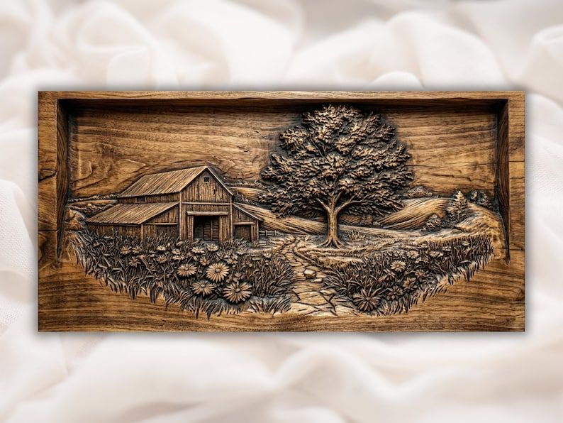 Carved wood relief of a rustic barn, large oak tree, stone path, and wildflower meadow in a framed panel.
