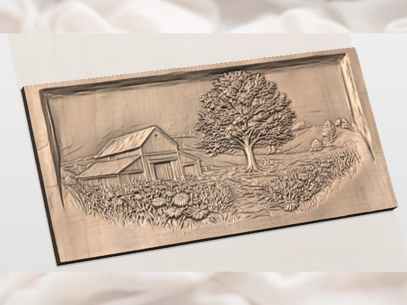 Rustic Barn and Oak Tree Country Meadow Relief STL bas-relief STL — view 2