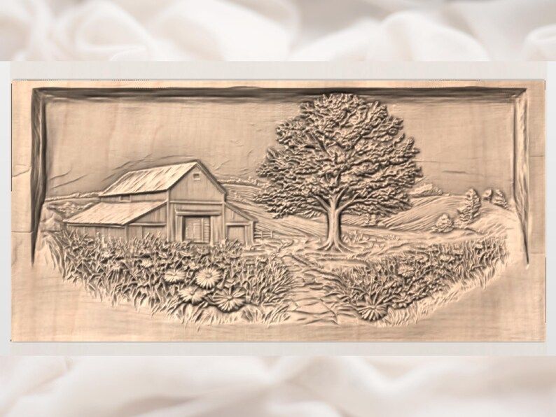 Rustic Barn and Oak Tree Country Meadow Relief STL bas-relief STL — view 3