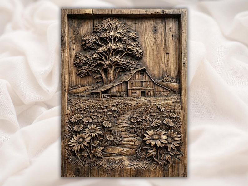 Carved wood relief of a barn under a large tree with a stone path through a field of daisies