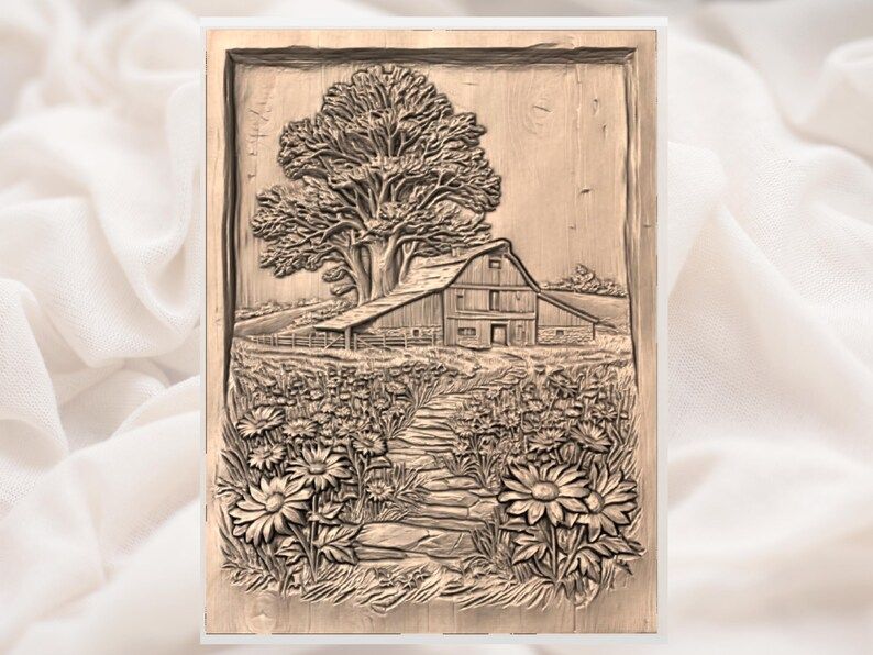 Country Barn and Daisy Path Bas-Relief STL for CNC Carving bas-relief STL — view 3