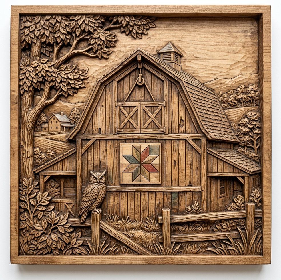 Rustic Barn Heritage Wall Art | Country Farmhouse Oak Tree Decor | Carved Owl Fence Panel | Aspire VCarve Pro Carveco ArtCAM — carved bas relief STL file for CNC