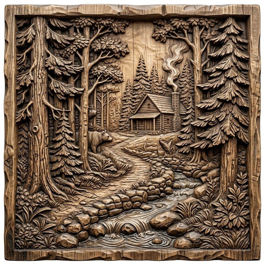 Rustic Cabin Forest Creek CNC Relief STL bas-relief STL — view 13
