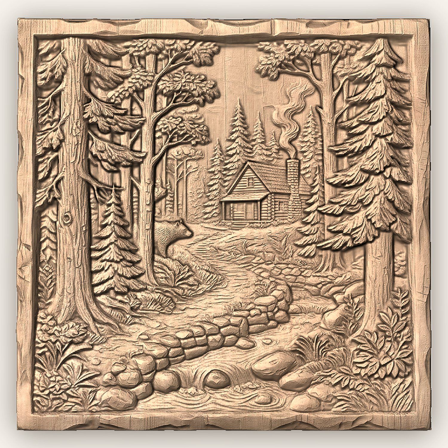 Rustic Cabin Forest Creek CNC Relief STL bas-relief STL — view 3