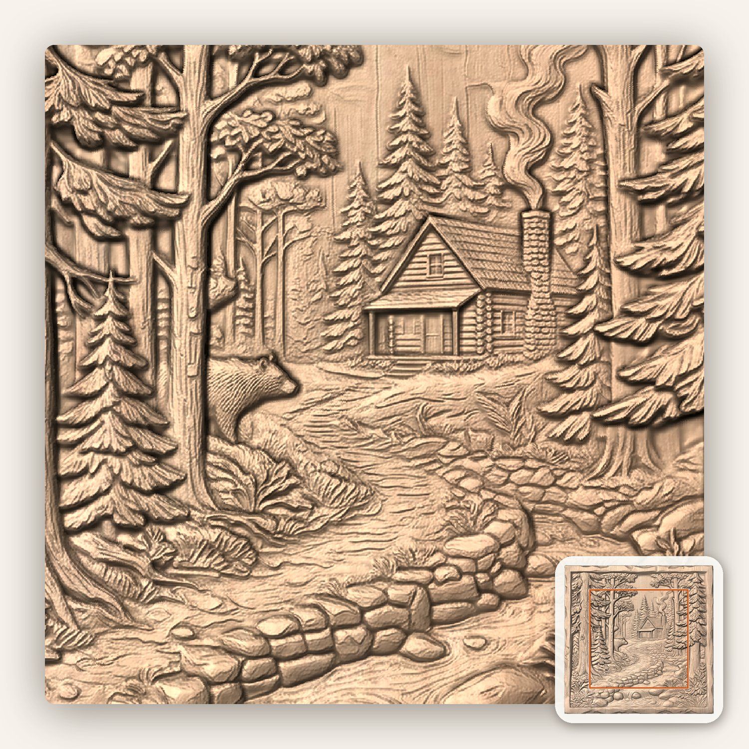 Rustic Cabin Forest Creek CNC Relief STL bas-relief STL — view 5