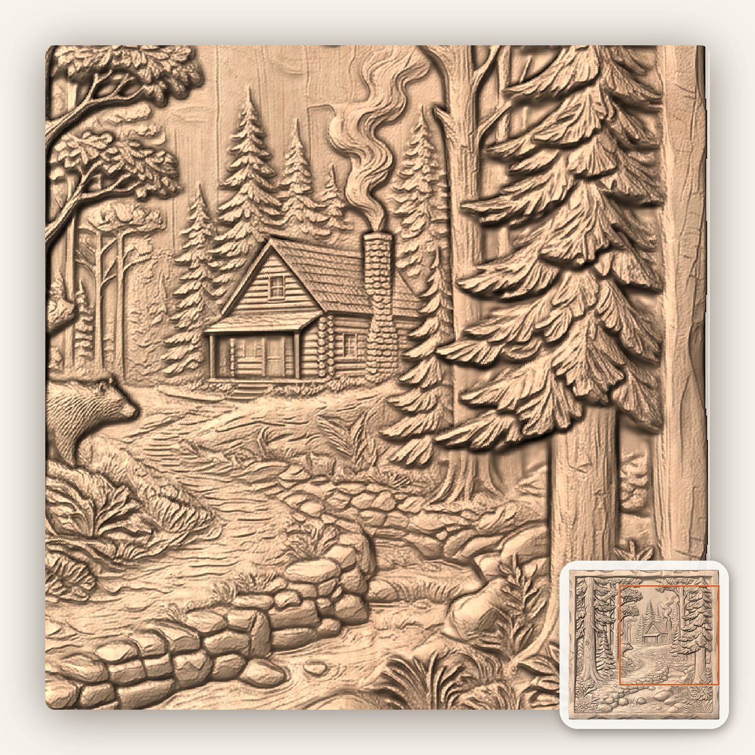 Rustic Cabin Forest Creek CNC Relief STL bas-relief STL — view 7