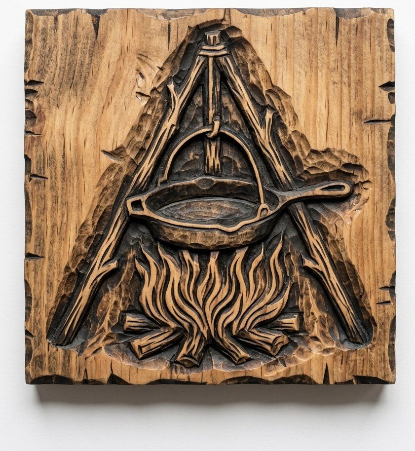 Rustic Campfire Cooking Wall Art | Outdoor Adventure Bas Relief | Bushcraft Kitchen Decor | Wild Cooking Wood Panel — carved bas relief STL file for CNC