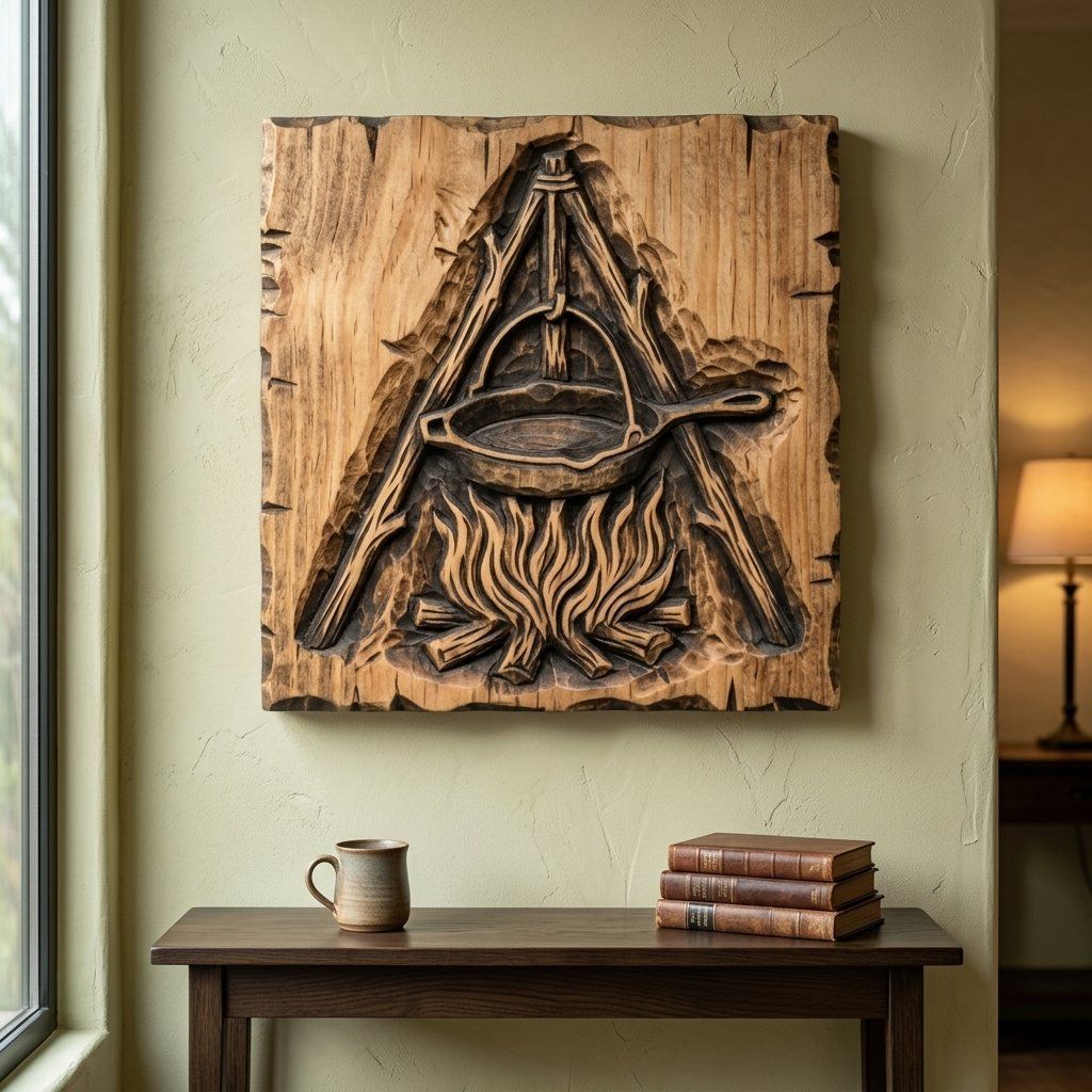 Rustic Campfire Cooking Wall Art bas-relief STL — view 5