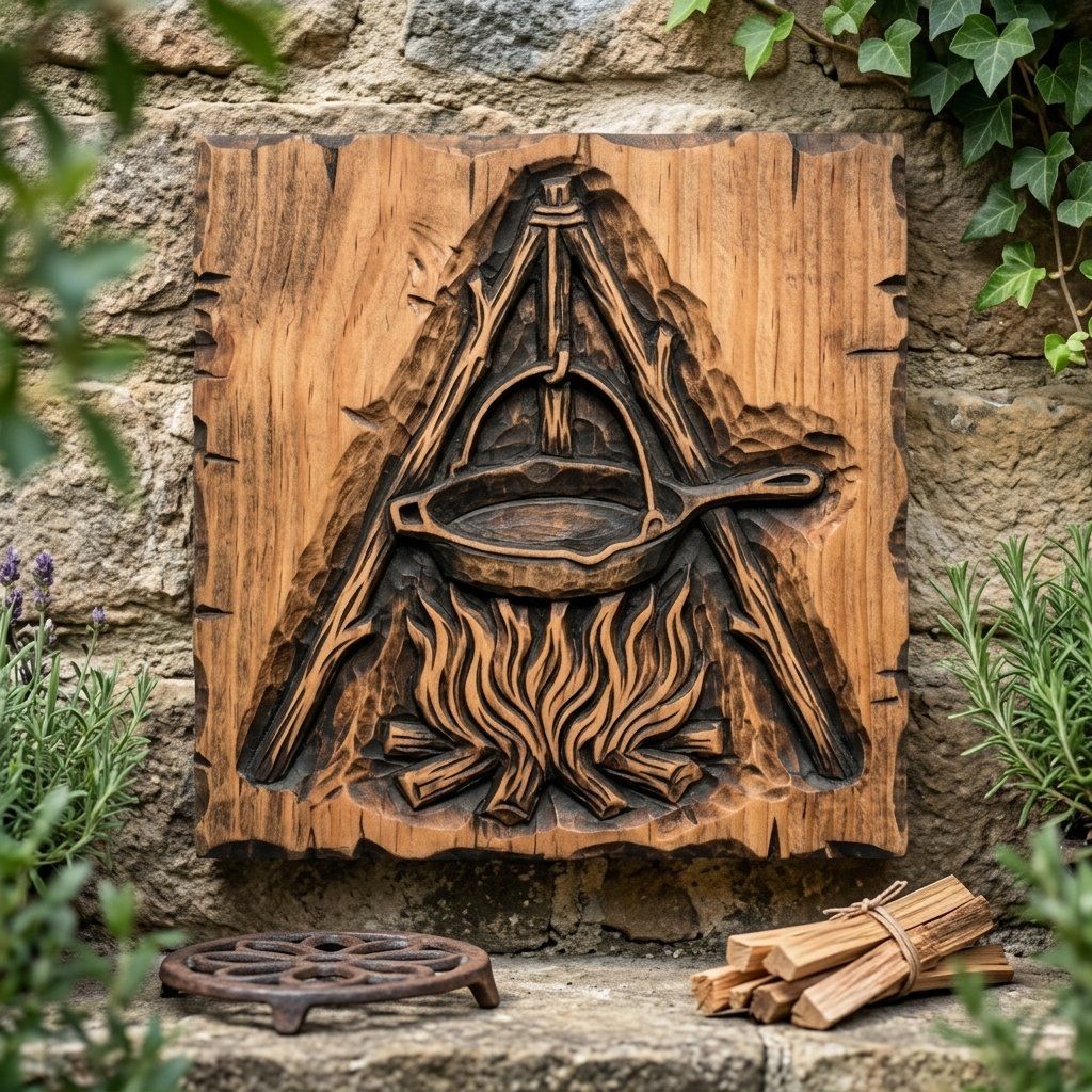 Rustic Campfire Cooking Wall Art bas-relief STL — view 7