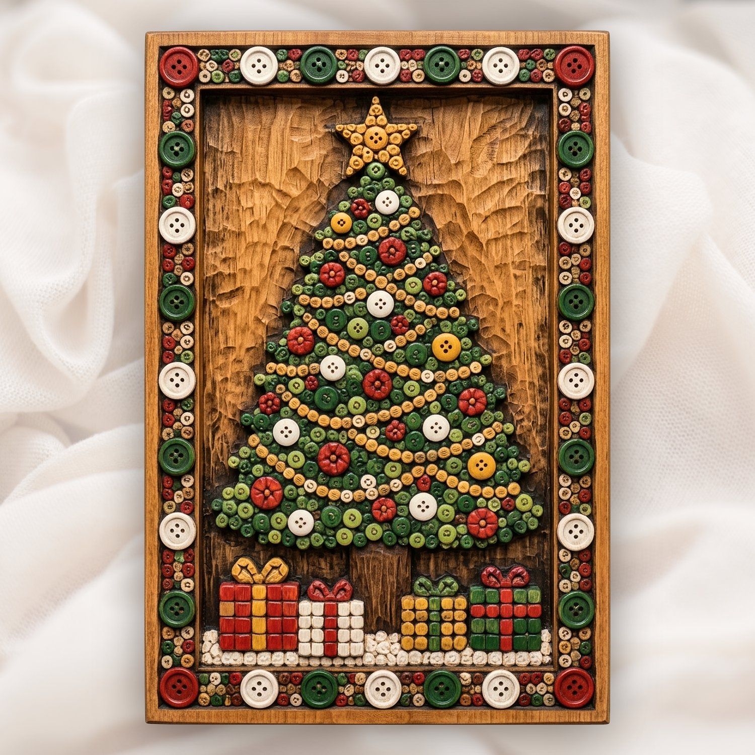 Rustic Christmas Tree Button Art CNC Relief STL | Holiday Wall Decor Panel | Woodworking Project Design — carved bas relief STL file for CNC