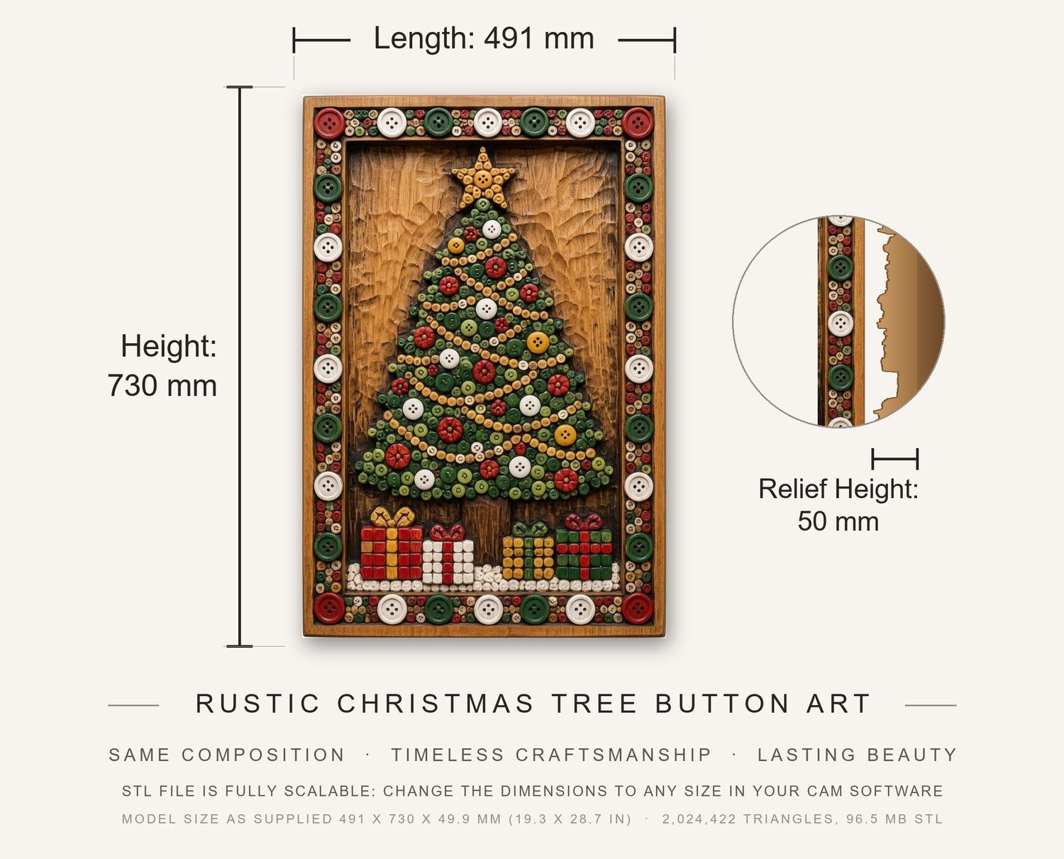 Rustic Christmas Tree Button Art CNC Relief STL bas-relief STL — view 3