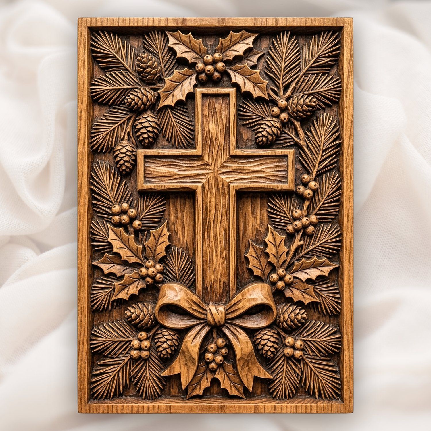 Rustic Christmas Wreath Pine Holly Berry Cross CNC Relief STL | Religious Wood Carving Design | VCarve Aspire Carveco Wall Art Panel — carved bas relief STL file for CNC