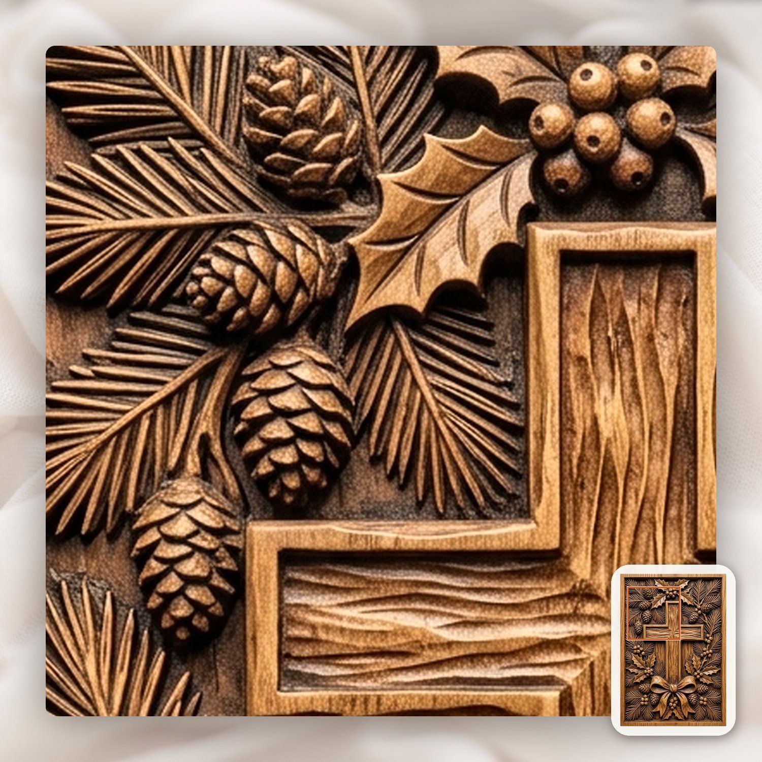 Rustic Christmas Wreath Pine Holly Berry Cross CNC Relief STL bas-relief STL — view 11