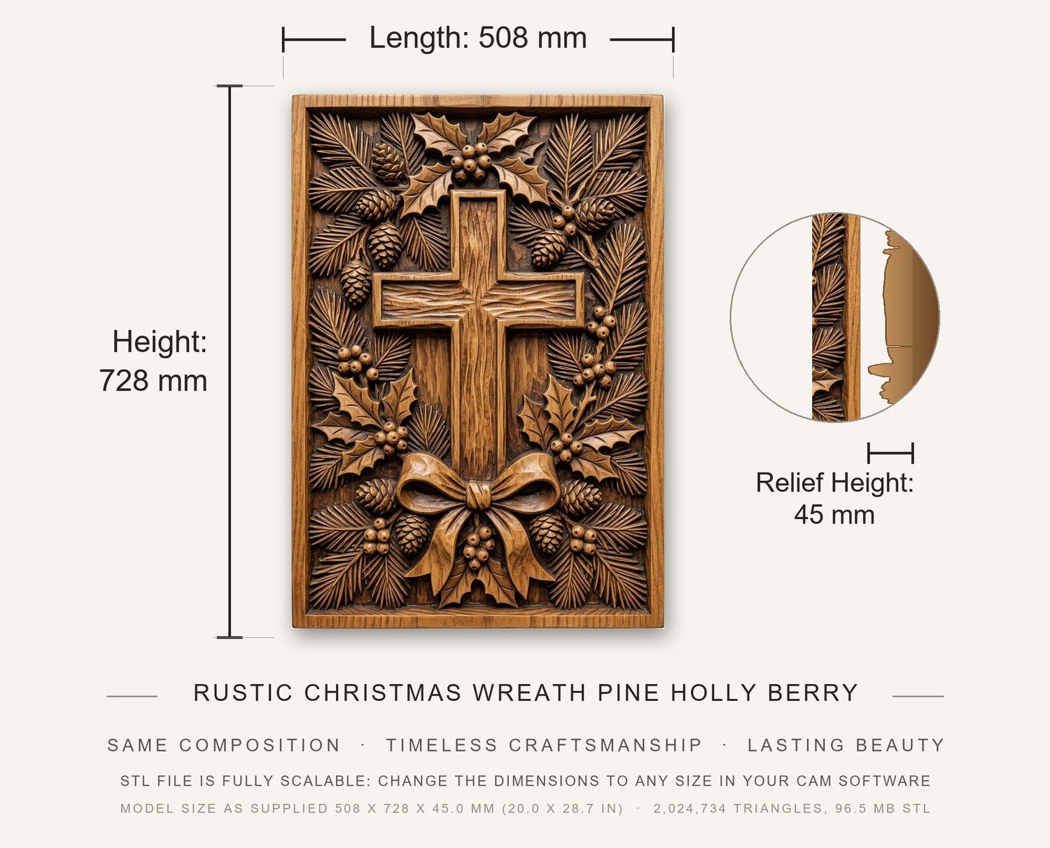 Rustic Christmas Wreath Pine Holly Berry Cross CNC Relief STL bas-relief STL — view 3