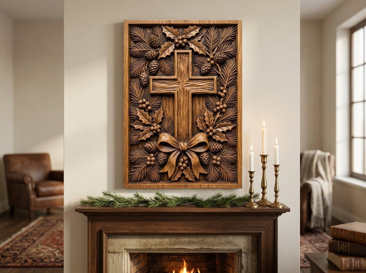 Rustic Christmas Wreath Pine Holly Berry Cross CNC Relief STL bas-relief STL — view 12