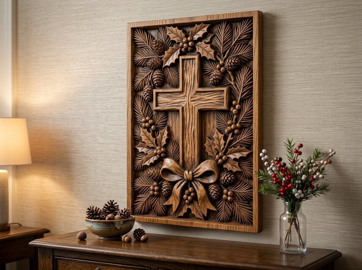 Rustic Christmas Wreath Pine Holly Berry Cross CNC Relief STL bas-relief STL — view 13
