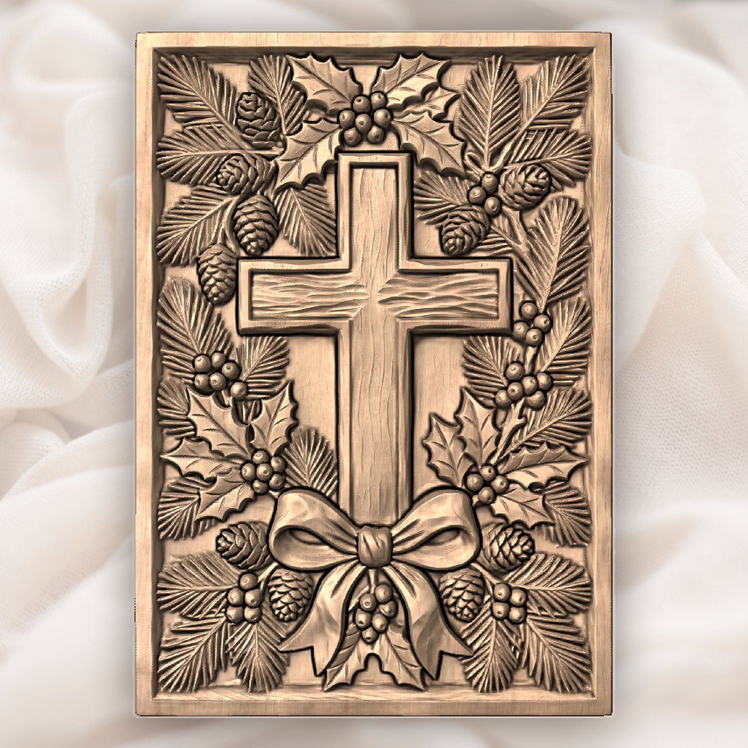 Rustic Christmas Wreath Pine Holly Berry Cross CNC Relief STL bas-relief STL — view 4