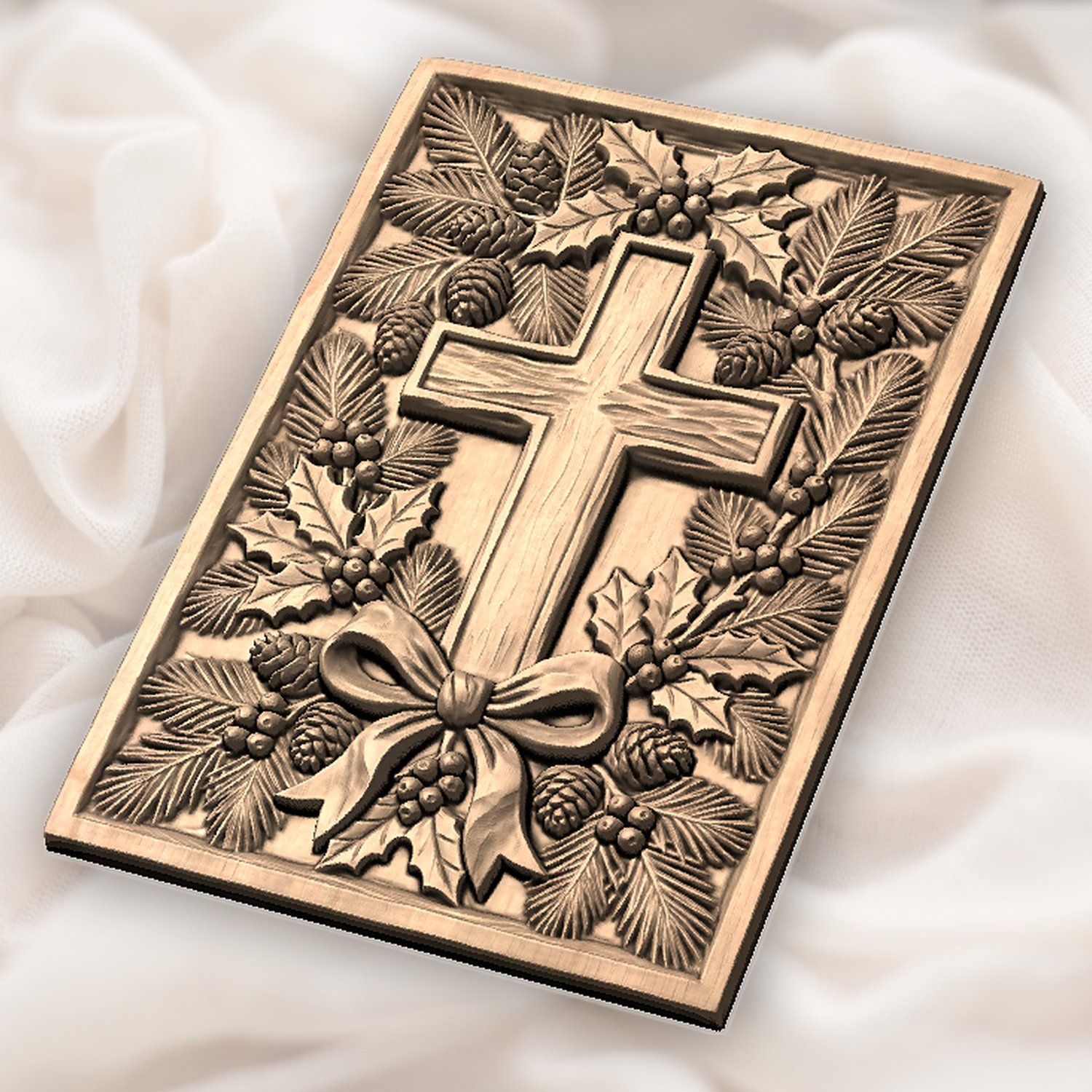 Rustic Christmas Wreath Pine Holly Berry Cross CNC Relief STL bas-relief STL — view 5