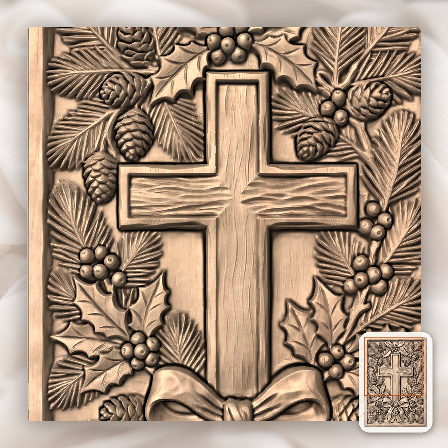 Rustic Christmas Wreath Pine Holly Berry Cross CNC Relief STL bas-relief STL — view 6
