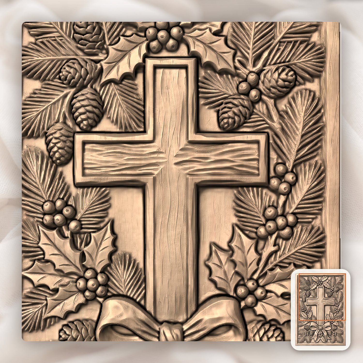 Rustic Christmas Wreath Pine Holly Berry Cross CNC Relief STL bas-relief STL — view 7