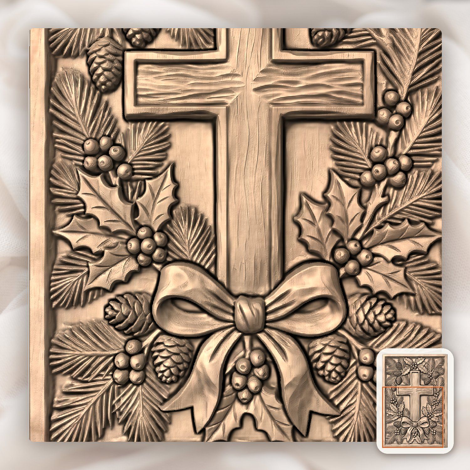 Rustic Christmas Wreath Pine Holly Berry Cross CNC Relief STL bas-relief STL — view 8