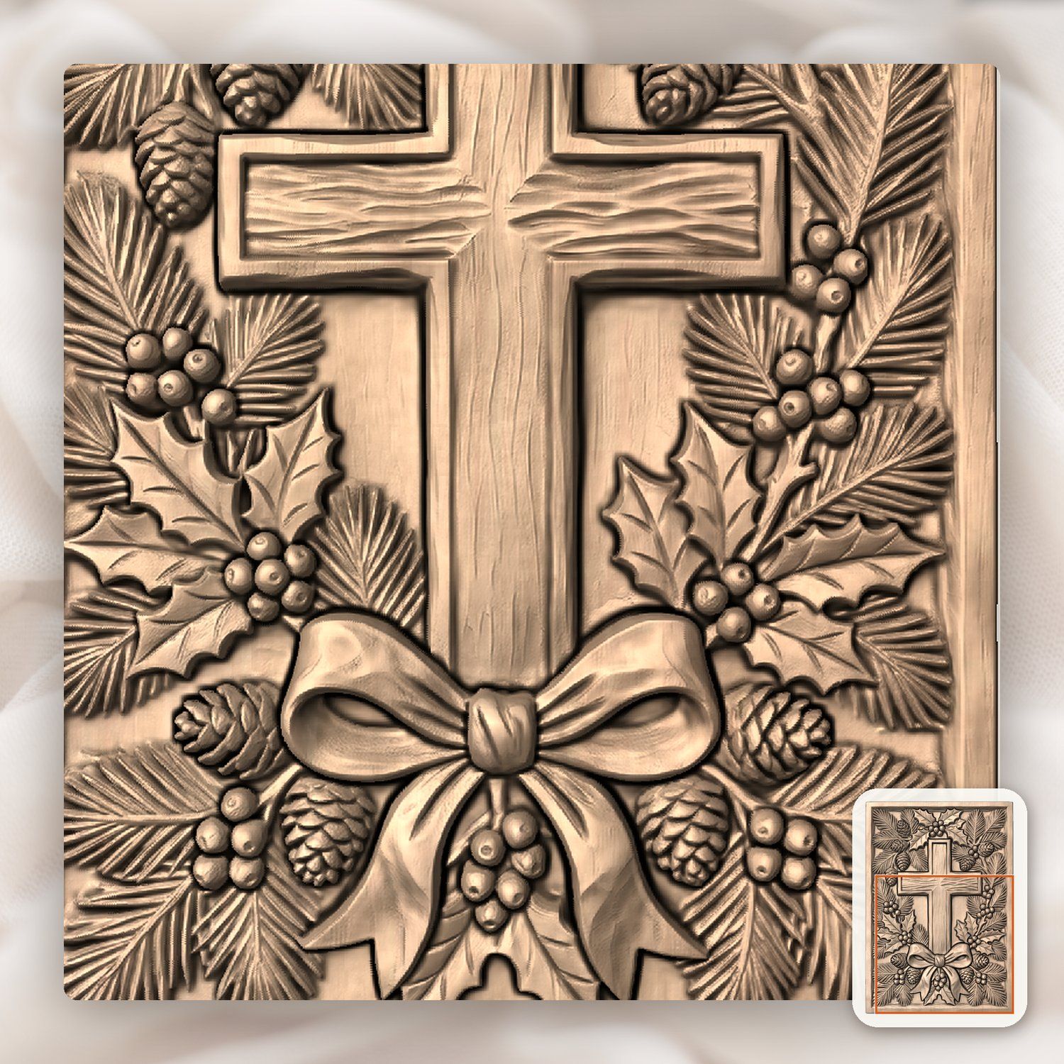 Rustic Christmas Wreath Pine Holly Berry Cross CNC Relief STL bas-relief STL — view 9
