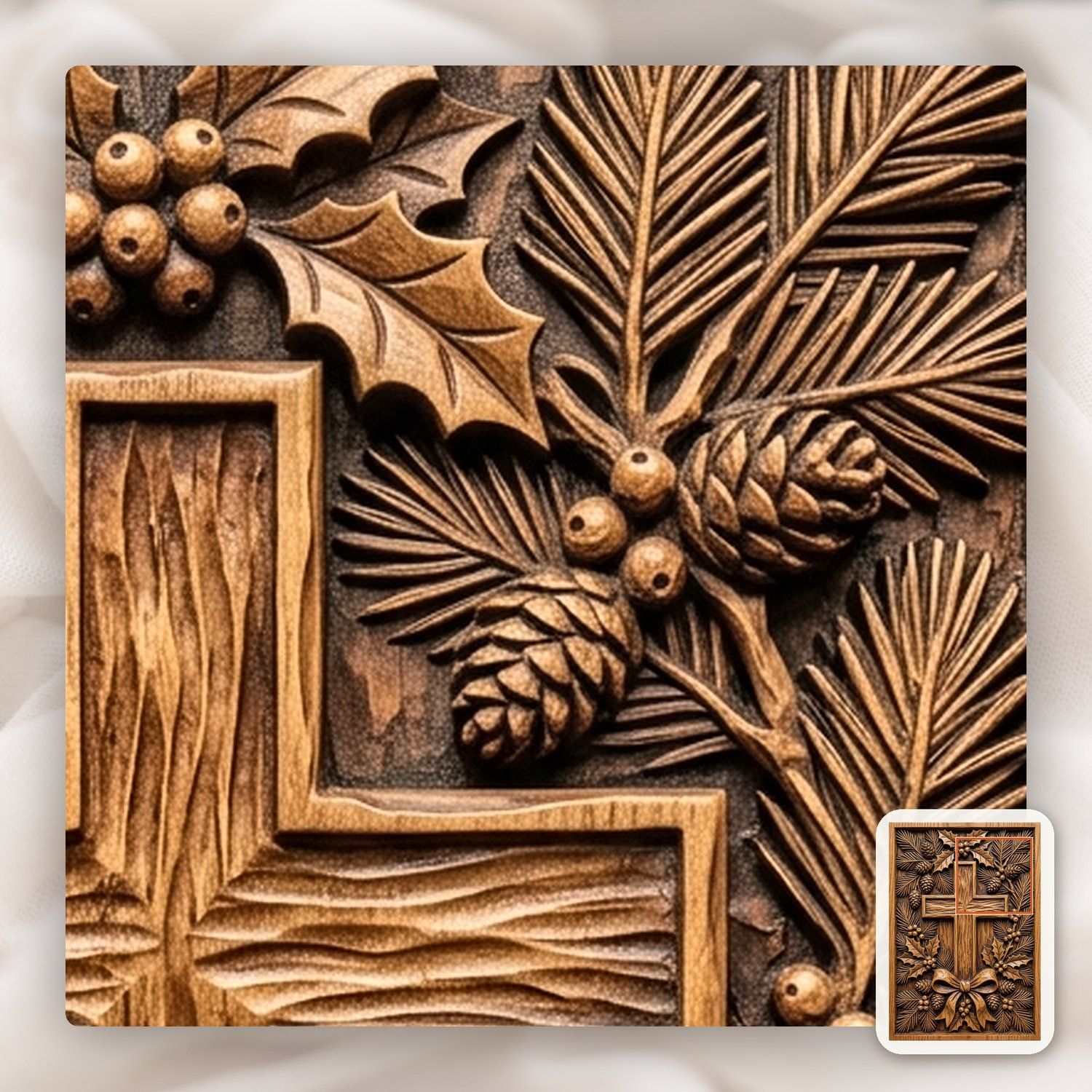 Rustic Christmas Wreath Pine Holly Berry Cross CNC Relief STL bas-relief STL — view 10