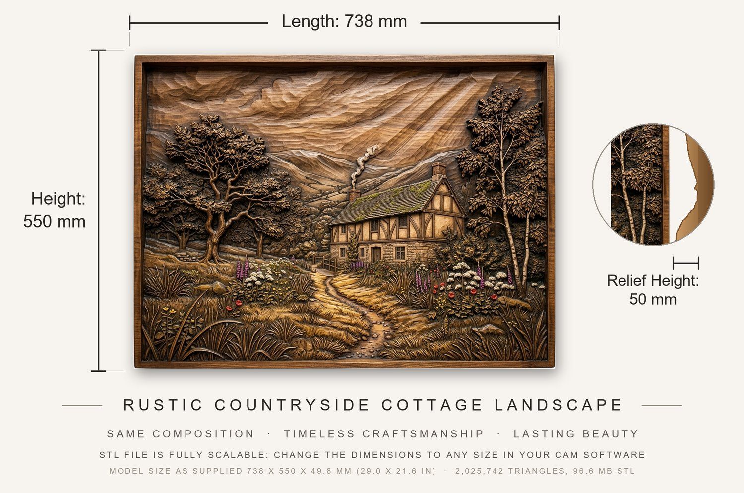 Rustic Countryside Cottage Landscape CNC Relief STL bas-relief STL — view 3