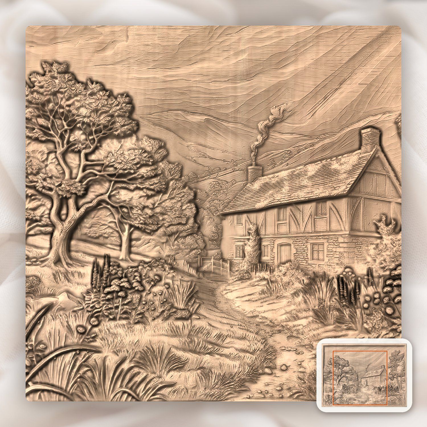 Rustic Countryside Cottage Landscape CNC Relief STL bas-relief STL — view 8