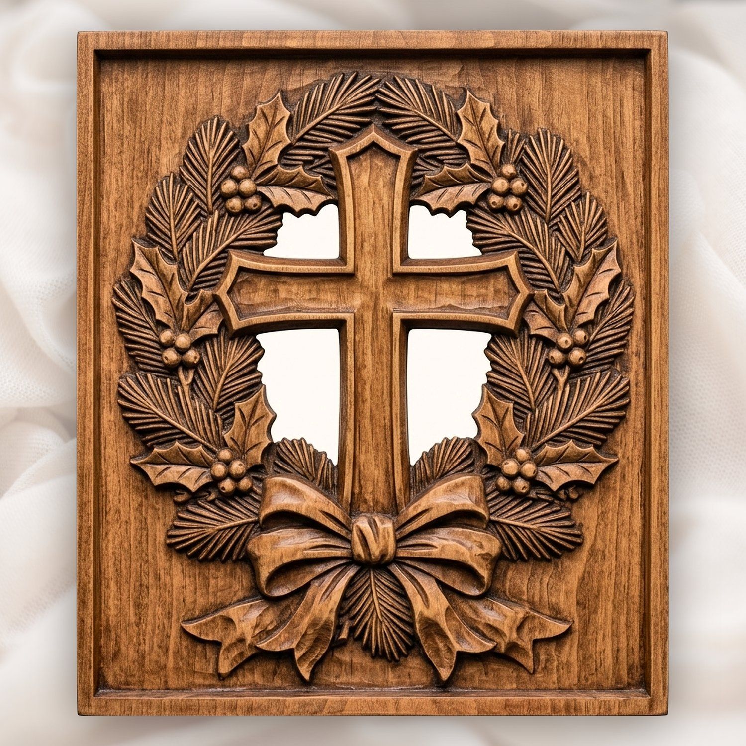 Rustic Cross Holly Wreath CNC Relief STL | Christian Wood Carving Design | Religious Christmas Wall Art Panel — carved bas relief STL file for CNC