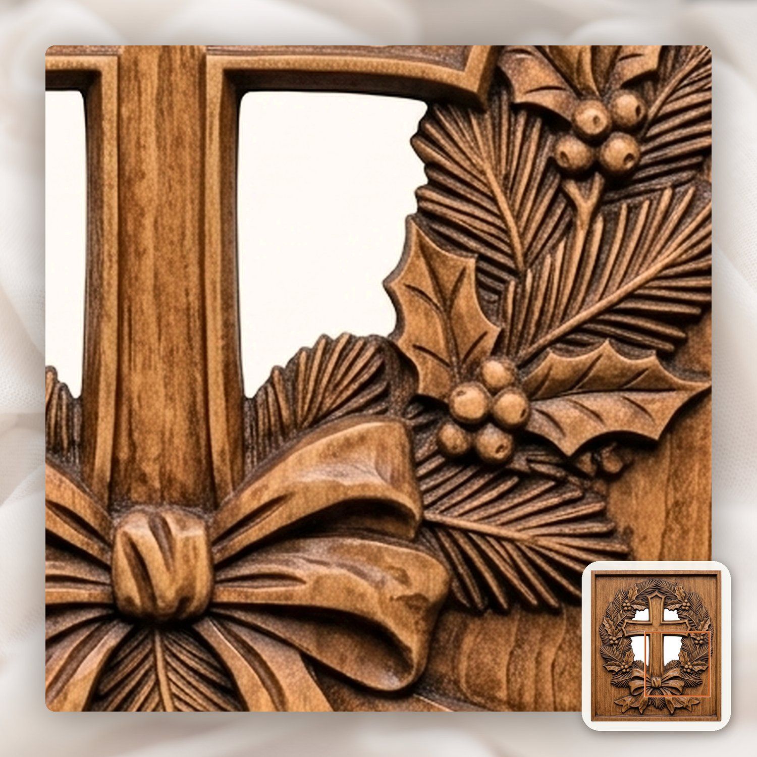 Rustic Cross Holly Wreath CNC Relief STL bas-relief STL — view 11