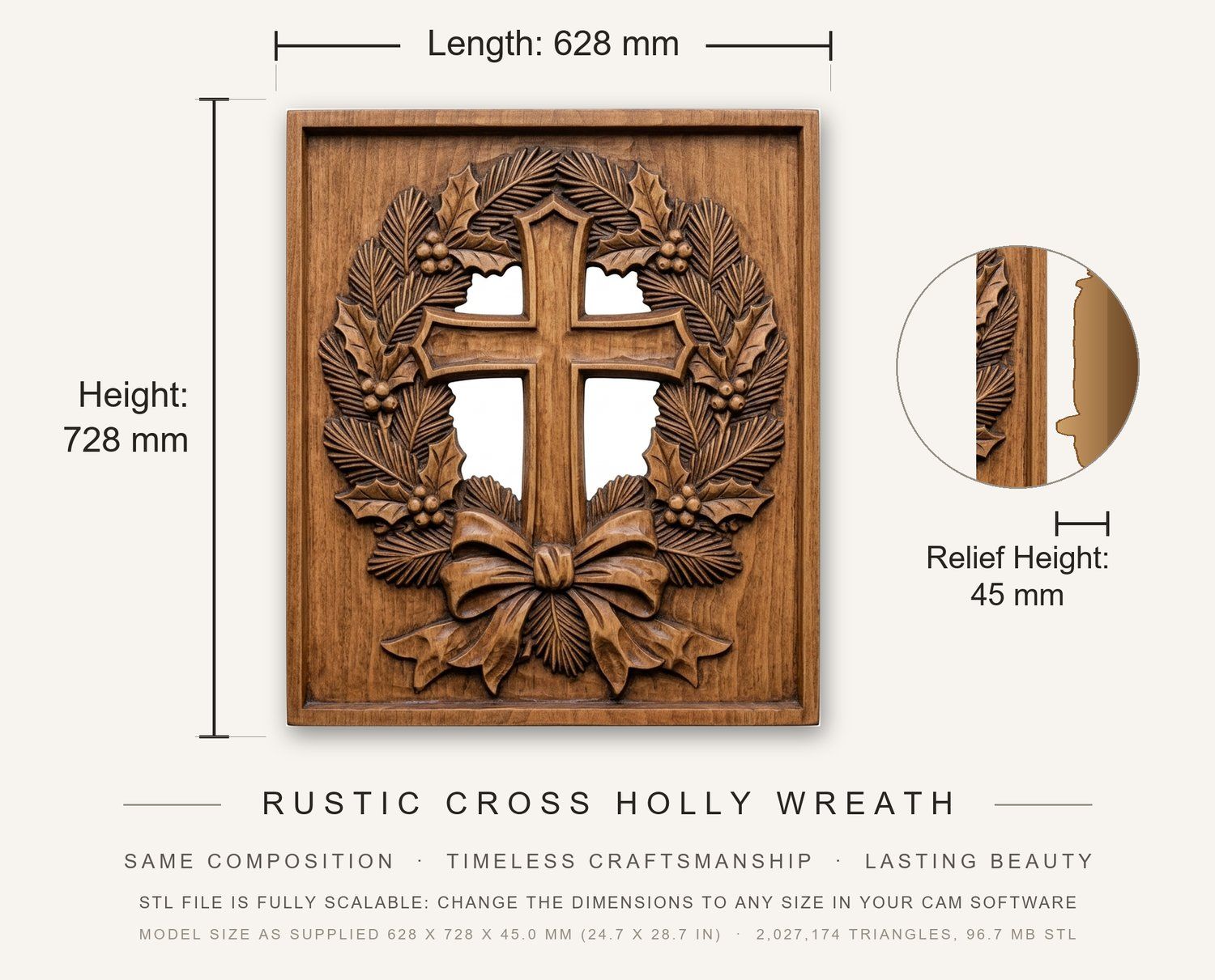 Rustic Cross Holly Wreath CNC Relief STL bas-relief STL — view 3