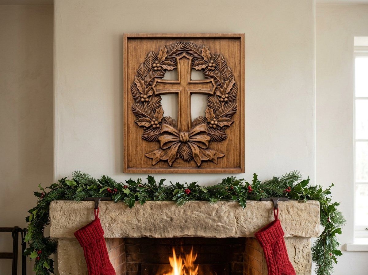 Rustic Cross Holly Wreath CNC Relief STL bas-relief STL — view 12
