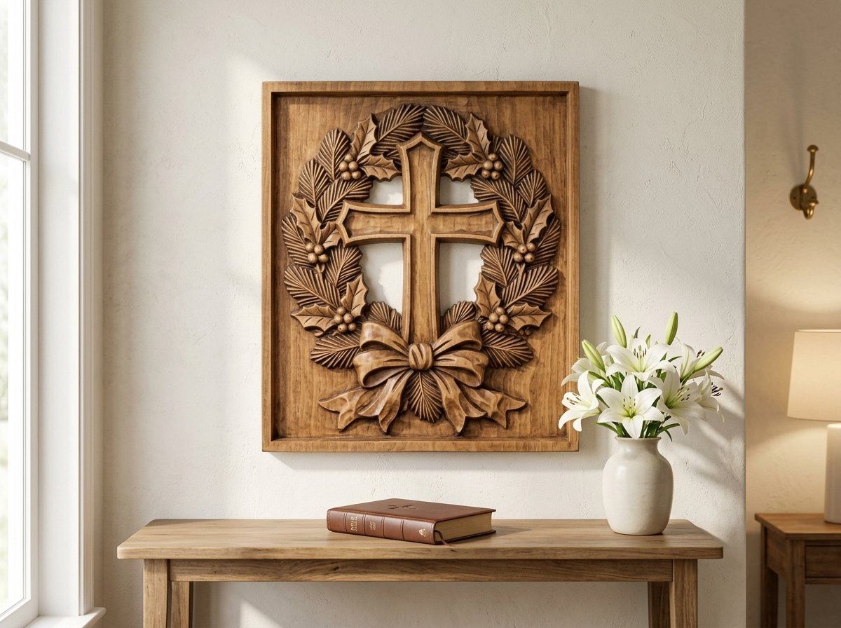 Rustic Cross Holly Wreath CNC Relief STL bas-relief STL — view 13