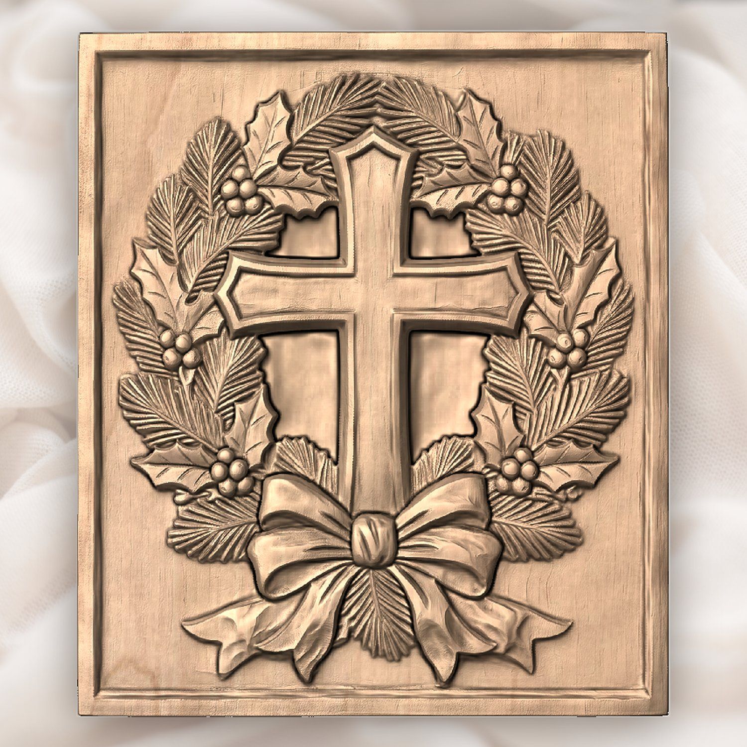 Rustic Cross Holly Wreath CNC Relief STL bas-relief STL — view 4