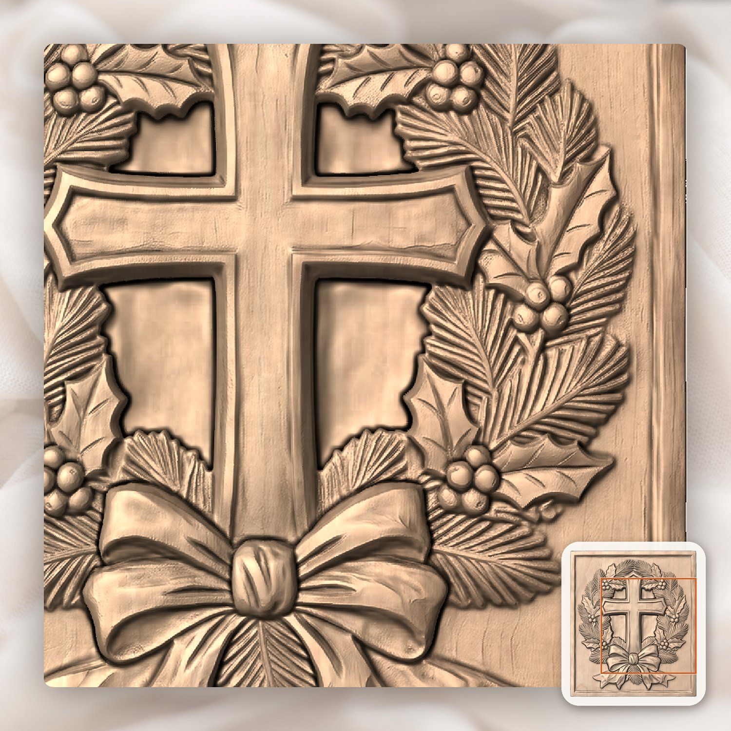 Rustic Cross Holly Wreath CNC Relief STL bas-relief STL — view 6