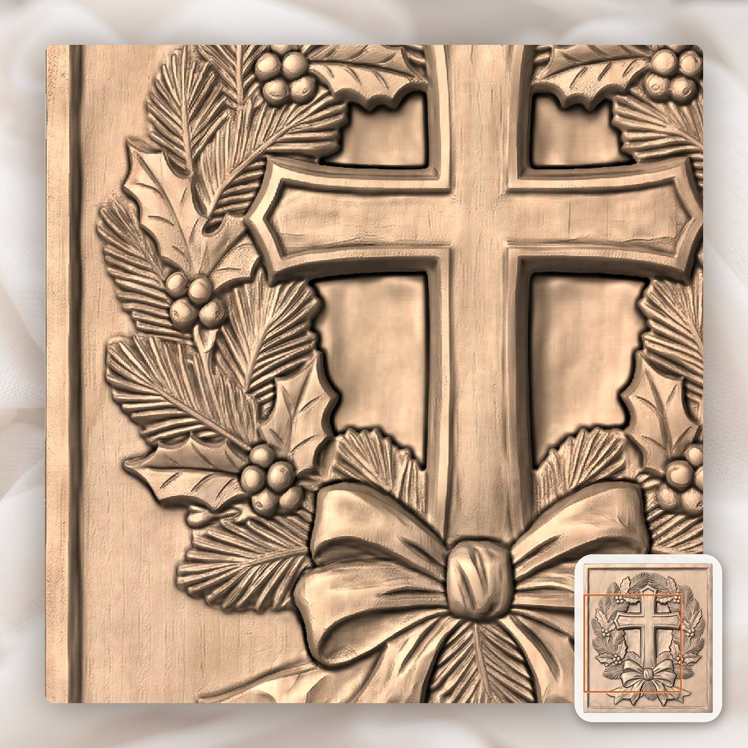 Rustic Cross Holly Wreath CNC Relief STL bas-relief STL — view 7