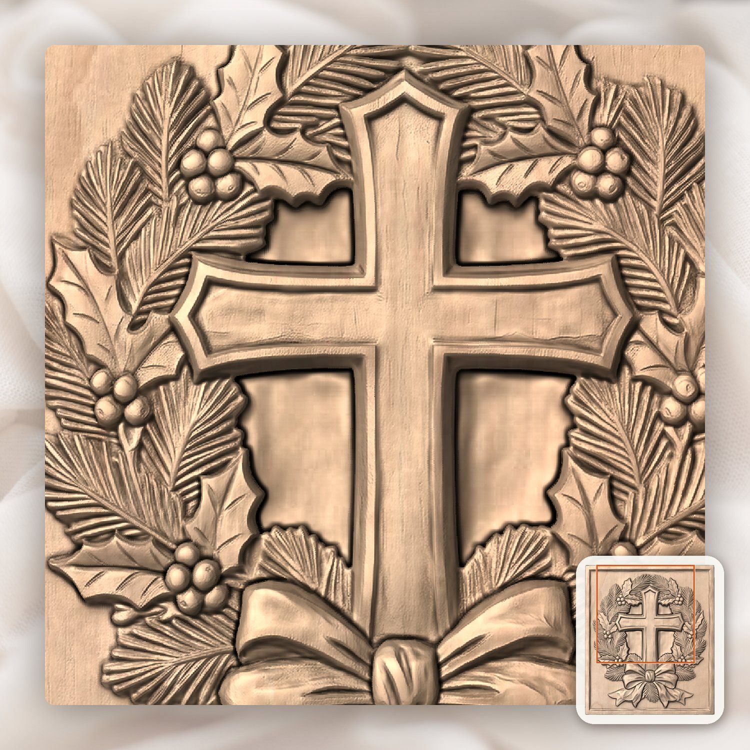 Rustic Cross Holly Wreath CNC Relief STL bas-relief STL — view 8