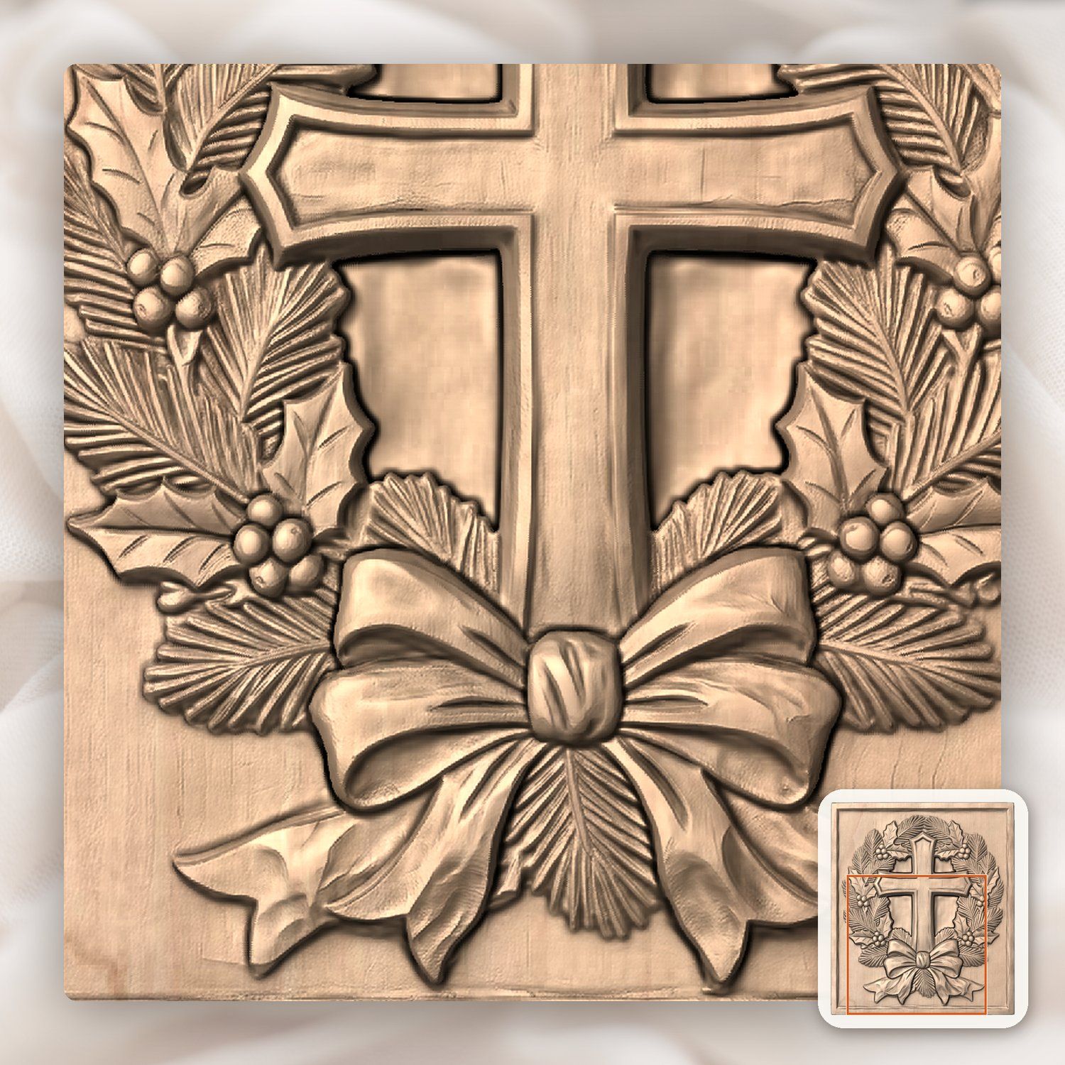 Rustic Cross Holly Wreath CNC Relief STL bas-relief STL — view 9