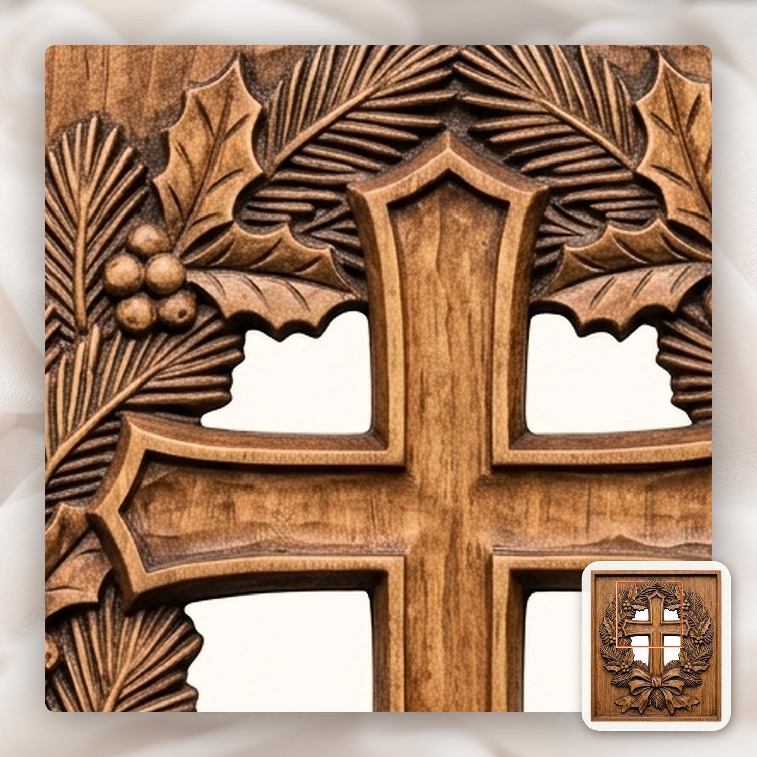 Rustic Cross Holly Wreath CNC Relief STL bas-relief STL — view 10